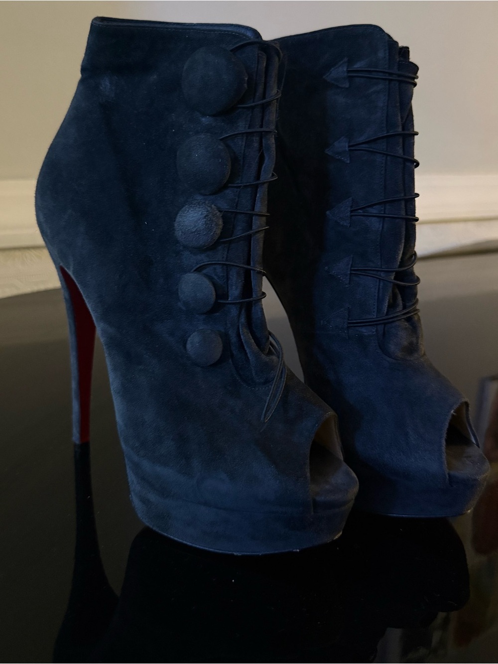 Christian Louboutin Lady Booton peep toe 150 velour boots in charbon grey 38.5